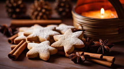 Fototapeta na wymiar Traditional Christmas cookies: cinnamon, stars and candles on a wooden table