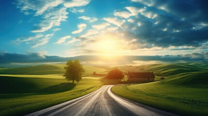 Fototapeta premium Beautiful summer landscape with road, fields and blue sky with clouds