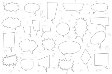 Flat simple cartoon empty retro comic style speech bubbles set with editable stroke. Hand drawn pop art, vintage speech clouds, thinking bubbles, and conversation text elements. Vector illustration