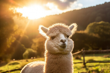 Obraz premium An alpaca enjoying a sunbeam on a tranquil morning, conveying a sense of peace and love, love 