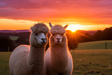 Fototapeta premium Alpacas gazing serenely at a stunning sunset, embodying a sense of tranquility and the love for peaceful moments, love 