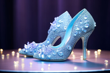 Pair of sparkling Cinderella-like shoes capturing the enchanting fairy tale essence and the bride's dreams of love, love  