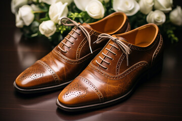 Pair of classic dress shoes paired with the groom's personal touch, embodying his individuality and love for tradition, love  