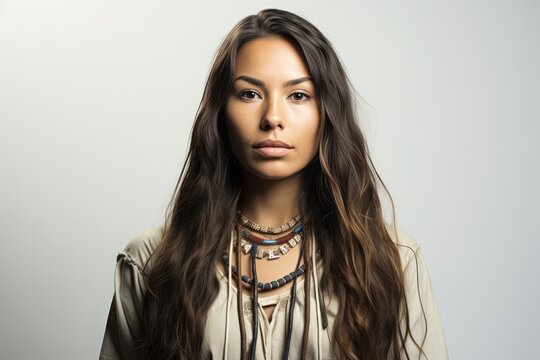 Native American Woman Portrait In Studio On White Background. Proud Indigenous Person Headshot In Traditional Clothing.