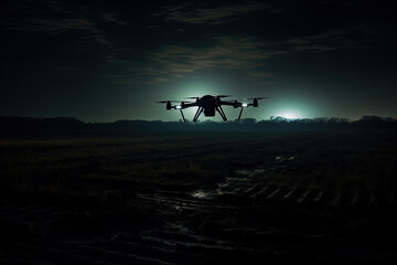 Obraz na płótnie Canvas Drones at night flying over vast agricultural fields, advanced farming techniques