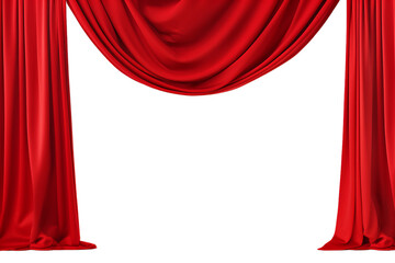 Red theater open curtains isolated on transparent background - obrazy, fototapety, plakaty