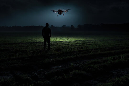 Drones at night flying over vast agricultural fields, advanced farming techniques
