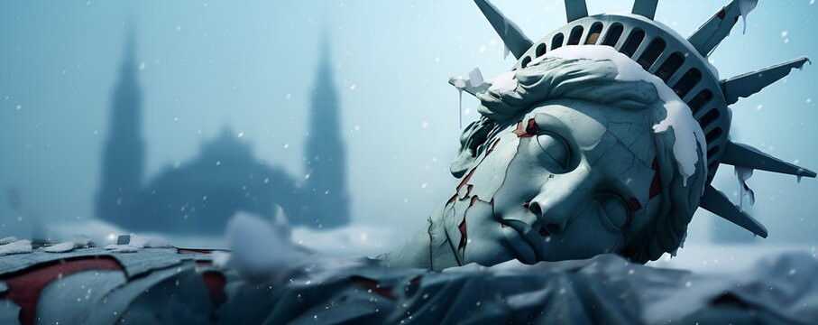 collapsed liberty statue apocalypse concept snowy landscape generative ai