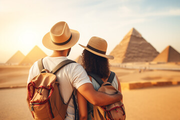 Travel, leisure, lifestyle, vacation concept. Young couple traveling in Egypt. Giza pyramid in background during sunny and hot day in desert. Generative AI