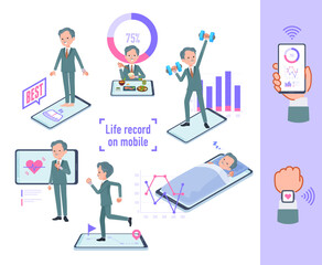 スマートフォンで行動と健康を管理しているビジネス社長男性のセット