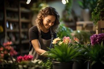 happy flower arranger taking care of a plant in her flower shop. generative AI - obrazy, fototapety, plakaty