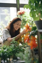 happy asian flower arranger taking care of a plant in her flower shop. generative AI - obrazy, fototapety, plakaty