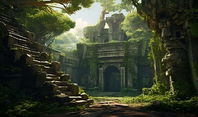 Naklejka premium ancient building rune in the forest ai generative