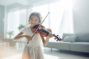 A young girl joyfully plays the violin during her music lesson , showcasing her passion for music and dedication to skill development. 'generative AI'