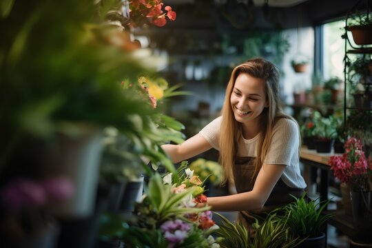 happy flower arranger taking care of a plant in her flower shop. generative AI