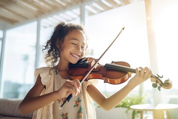 A young girl joyfully plays the violin during her music lesson , showcasing her passion for music and dedication to skill development. 'generative AI'	
