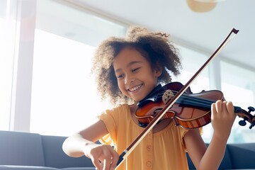 A young girl joyfully plays the violin during her music lesson , showcasing her passion for music and dedication to skill development. 'generative AI'	 - obrazy, fototapety, plakaty