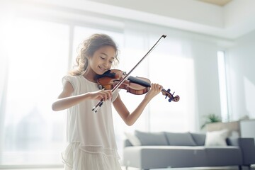 A young girl joyfully plays the violin during her music lesson , showcasing her passion for music and dedication to skill development. 'generative AI'	