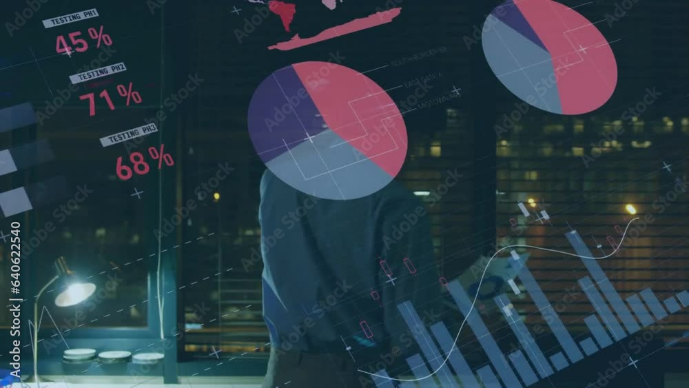 Poster animation of statistical data processing over rear view of man talking on smartphone at office