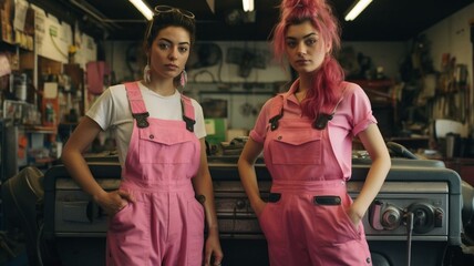 two female mechanics in pink overalls