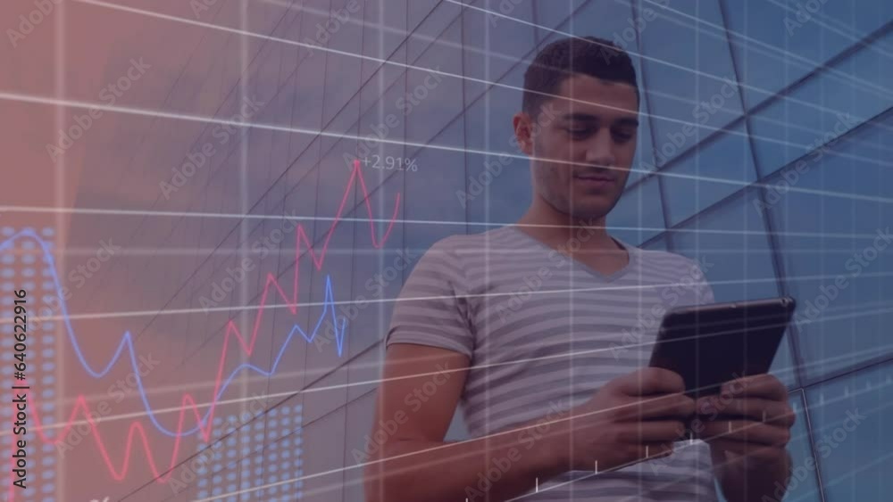 Poster animation of statistical data processing against caucasian man using tablet near office building