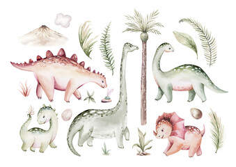 Fototapeta premium Watercolor cute cartoon dino. Dinosaurs Set Isolated on a White Background Illustration, Baby shower invitation kids birthday jurassic party. tyrannosaurus