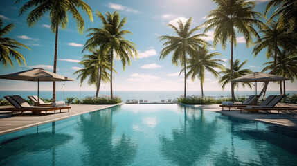 The beach resort's swimming pool surrounded by lounge chairs, elegant parasols, swaying palm trees and clear blue skies