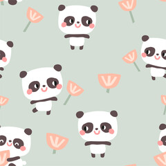 Vector seamless pattern with cute panda bears and flowers. Infantile style.
