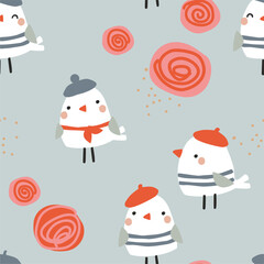 Vector seamless pattern with cute birds and flowers on a blue background. 