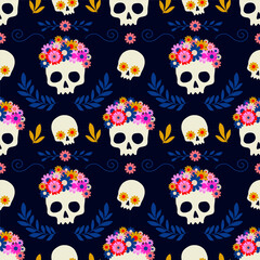 Seamless pattern with skulls in floral wreath on dark blue background. Vector illustration for for Day of the dead or Halloween