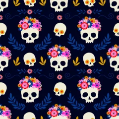 Fotobehang Seamless pattern with skulls in floral wreath on dark blue background. Vector illustration for for Day of the dead or Halloween © irocket