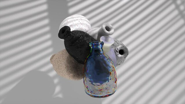 Several ceramic and stellated vases collide in the air on a light background. Simulation of soft bodies. 3d animation