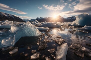 A melting glacier with chunks of ice breaking apart. The background captures the consequences of global warming on ice formations. Generative AI