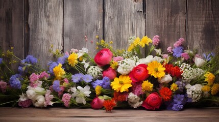 Fototapeta na wymiar A colorful bouquet of wildflowers set against an old wooden barn door with large space for text, the rustic texture creating a charming backdrop for your text. AI generated.