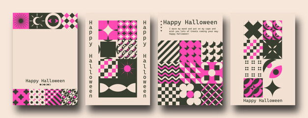 Vector set of Bauhaus Inspired Halloween posters. Geometric minimalist modern brutalist bold shapes and primitive swiss blocks style. Trendy groovy hippie retro Y2k aesthetic.