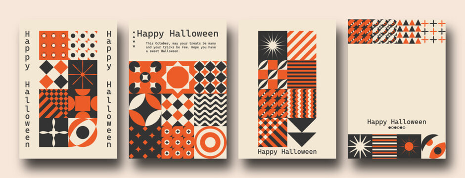 Vector set of Bauhaus Inspired Halloween posters. Geometric minimalist modern brutalist bold shapes and primitive swiss blocks style. Trendy groovy hippie retro Y2k aesthetic.