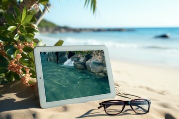 Beachside interface Close up on a digital tablet with the picturesque beach scenery