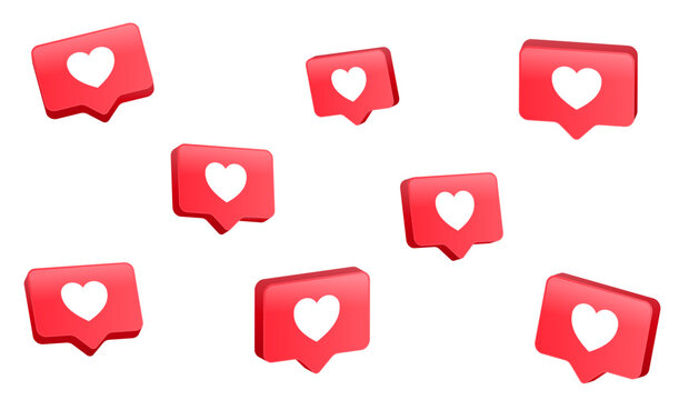 3d Heart like in speech bubble icon background. social media notification icons 3d modern, love like icon chat bubbles social network post reactions - favorite hearts, 3d rendering vector illustration
