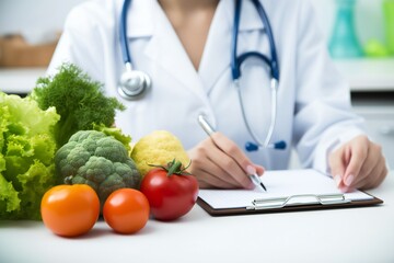 Nutritionist giving consultation to patient with healthy fruit and vegetable, Right nutrition and diet concept