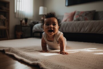 A Mixed-race infant crawling for the first time. The background is a soft, textured blanket, capturing the excitement and milestone achievement. Generative AI