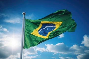Fototapete Brasilien Brazilian flag flying on a flagpole