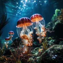 Fototapeta na wymiar Jellyfish in its Natural Habitat, Wildlife Photography, Generative AI