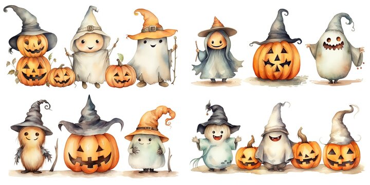watercolor illustration Halloween creepy monster things in cute cartoon style isolated on white background, children art style design, Generative Ai