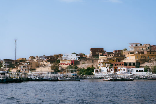 Egypt Summer Travel Tranquil Waterside Haven: Boats in a Nile River Village