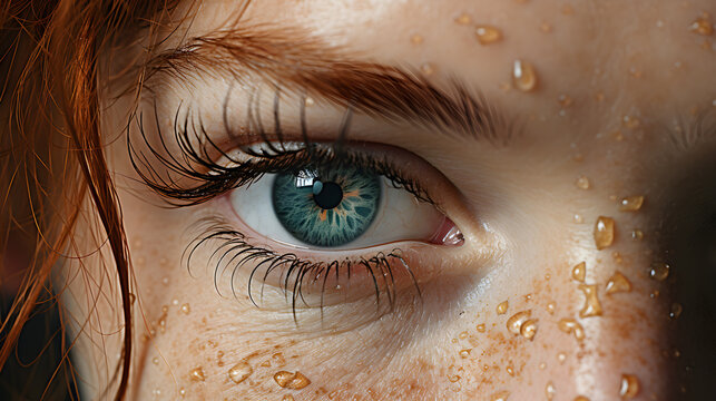 A macro shot of an intense eye and sweating skin for red headed woman. Worried or stressed concept.