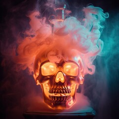 A spooky halloween scene of a skull with billowing smoke emerging from its eye sockets, hinting at the fragility of life and the mysteries of the afterlife