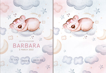 Watercolor hand drawn illustration of a cute baby koala sleeping on the moon and the cloud. Baby Shower Theme Invitation birthday Template © kris_art