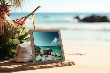 Coastal tech Close up on digital tablet with a captivating beach setting