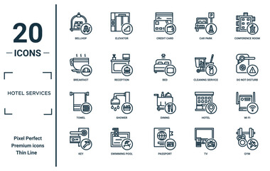 hotel services linear icon set. includes thin line bellhop, breakfast, towel, key, gym, bed, wi fi icons for report, presentation, diagram, web design