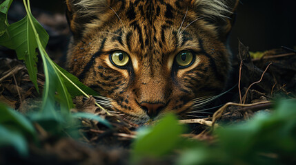 A wild cat lurking in the leaves in the jungle showing the face with emphasize on the eyes. Dramatic feeling. Concept design for themes like wildlife, wilderness, danger, power and more.